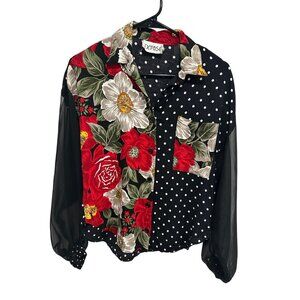 Expose Womens Blouse Floral Polka Dot Sheer Sleeves Size M Boho Glam Indie Retro